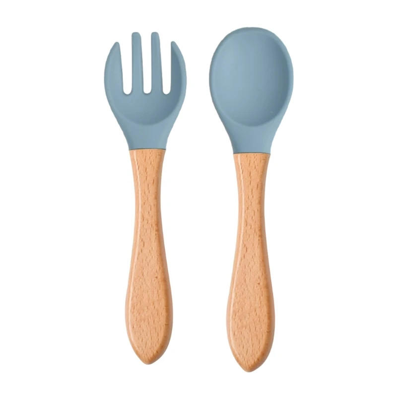 Description Picture 4 of item2PCS/Set Baby Feeding Spoon Fork Wooden Handle Spoon Fork Set Soft Silicone Tip Spoon Fork BPA Free Food Grade Infant Toddlers