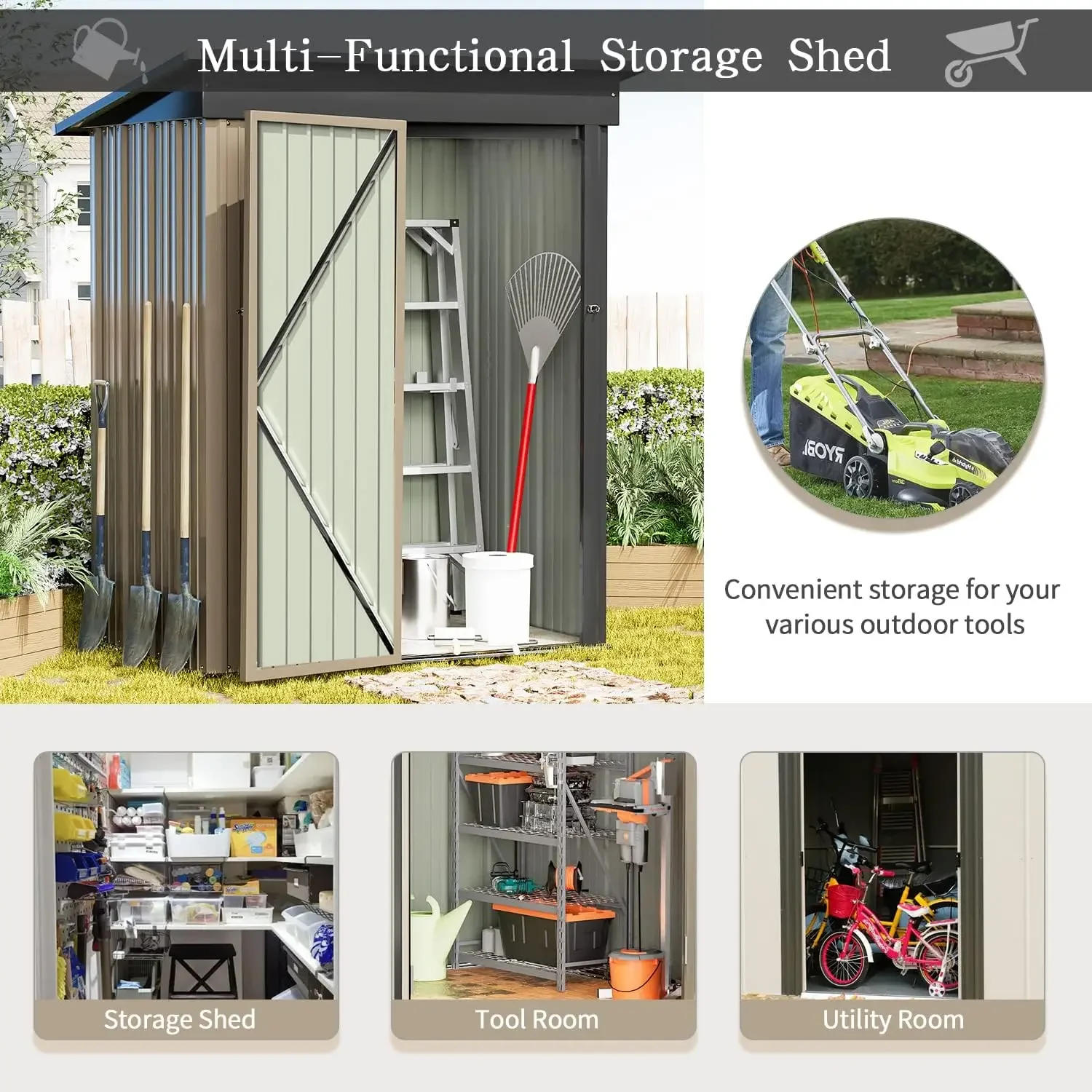 Description Picture 5 of itemMetal Outdoor Storage Shed 5FT x 3FT, Steel Utility Tool Shed Storage House with Door & Lock, for Backyard Garden Patio Lawn