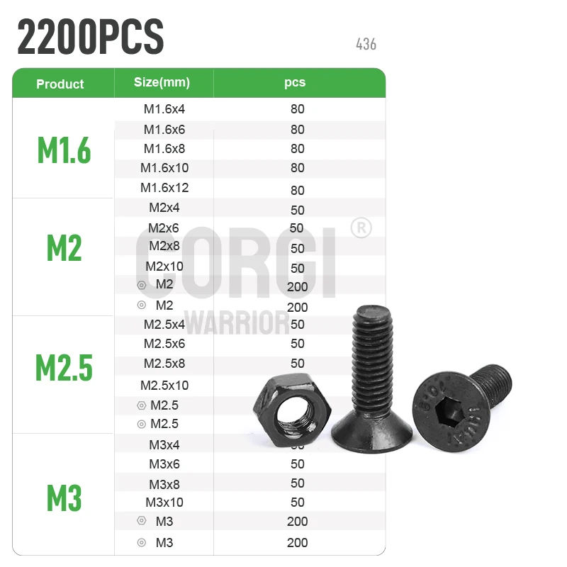 Description Picture 5 of itemUp to 2200 Flat Head Hex Socket Cap Screws Assortment Kit M1.6 M2 M2.5 M3 M4 M5 M6 M8 M10 10.9 Grade Alloy Steel Bolts with Nuts
