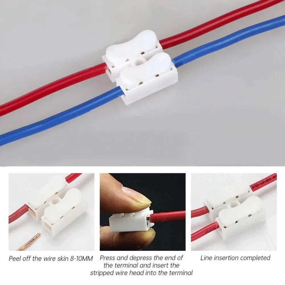 Description Picture 6 of item100-1000PCS/lot CH-2 Spring Wire Quick Connectors 220V Electrical Crimp Terminals Block Splice Cable Clamp Fit LED Strip Light