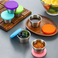 70ml Stainless Steel Sauce Cup with Silicone Lid Seasoning Box Salad Cup Snack Dipping Dish Sushi Condiment Containers for Lunch