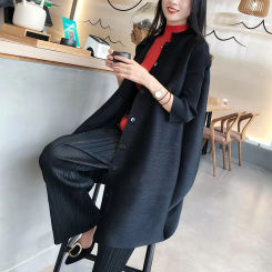 Miyake Pleats 2025 New Single Breasted Cardigan Jacket Dress Women's Spring Korean Fashion Casual Mini Dress