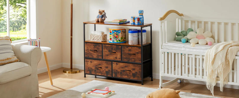 Description Picture 3 of itemJHK Fireplace TV Stand Dresser For Bedroom With 5 Fabric Drawers Storage Closet Chest Clothes Storage Display Cabinet Furniture