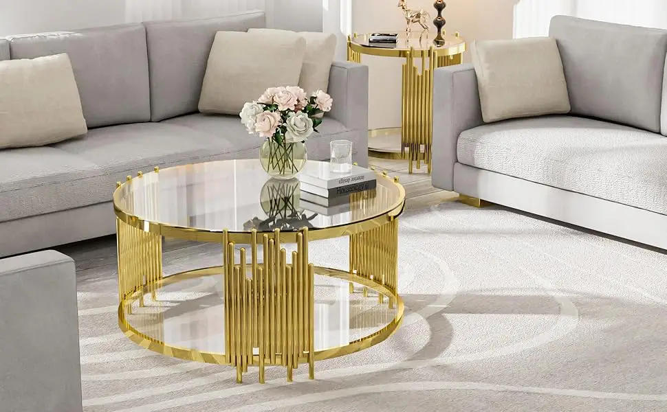 Description Picture 6 of itemCoffee Table Round Modern Living Room Table, Gold Stainless Steel Metal Leg Clear Tempered Glass, Sofa Center Table, Gold