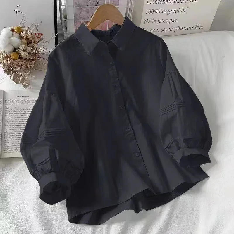 Description Picture 4 of item2024 Puff Sleeve Shirts Women White Turn Down Collar Preppy Sense of Design Chic Female Tops Korean Fashion Simple Summer Blouse