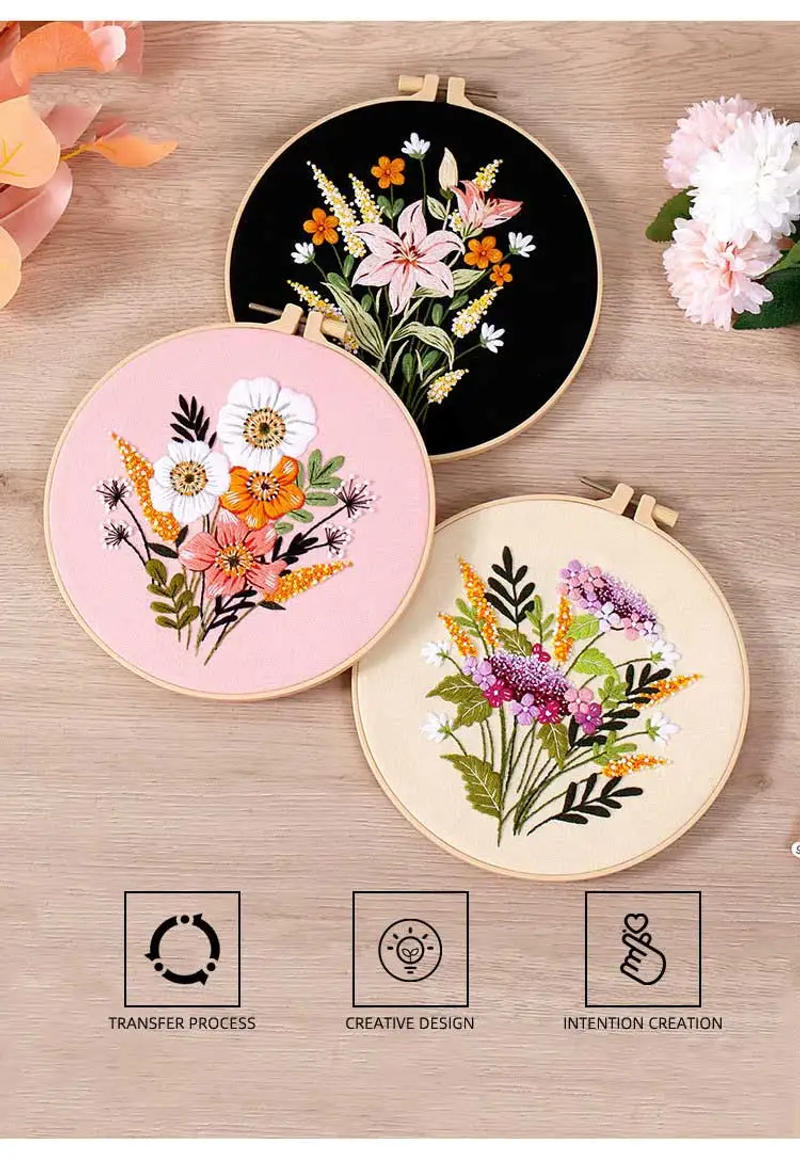 Description Picture 3 of itemDiy Handmade Embroidery Materials With Hoop Art Needlework Cross Stitch Set Colorful Time Flower Bouquets Hanging Paintings