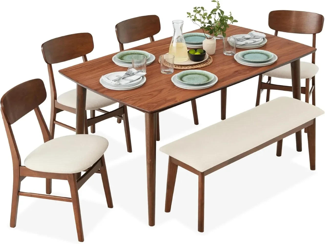 Description Picture 2 of item6-Piece Dining Set Mid-Century Modern Wooden Table & Upholstered Chair Set for Home Kitchen Dining Room W/ 4 Chairs