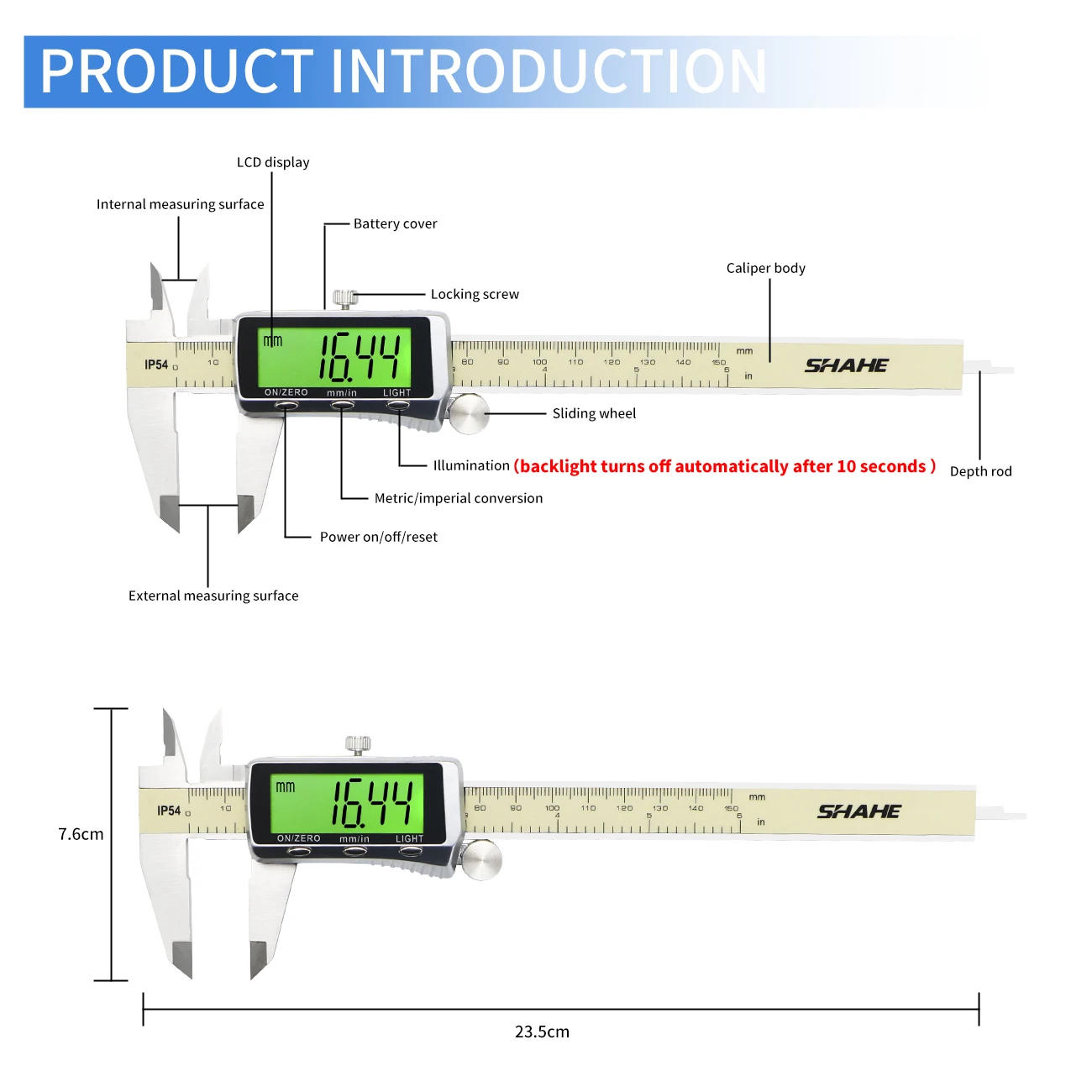 Description Picture 6 of itemSHAHE Digital Caliper Electronic Measuring Tool Digital Vernier Caliper With Backlight 150/200/300mm Caliper Measuring Tool