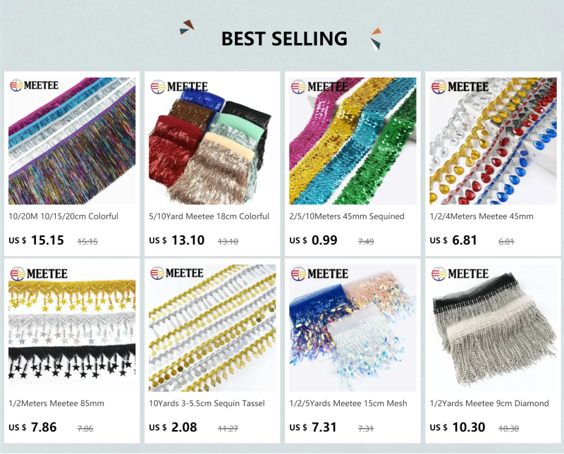 Description Picture 2 of item1/2/4Yard Meetee 20cm Sequin Tassel Lace Trim Glitter Fringe Ribbon DIY Handmade Dance Performance Clothing Decoration Material