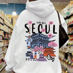 Seoul Beautiful Scenery Printing Womens Hooded Warm Fleece Comfortable Hoodies Simple Soft Hoodie Street Casual Loose Pullover