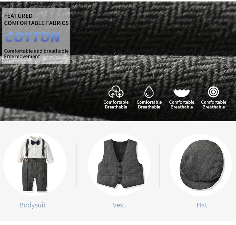 Description Picture 3 of itemBaby Suits Newborn Boy Clothes Romper + Vest + Hat Formal Clothing Outfit Party Bow Tie Children Birthday Dress New Born 0- 3Y