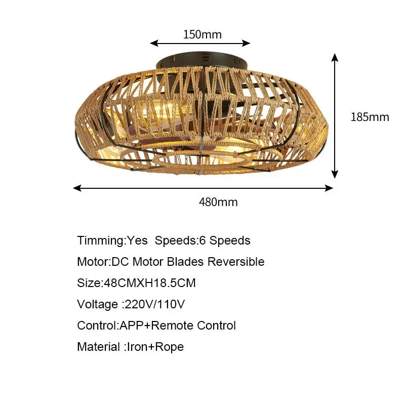 Description Picture 3 of itemAmerican LED Ceiling Fan Retro Light Remote Control Dining Room Living Room Bedroom Ceiling Light Hemp Rope Ceiling Fan Light