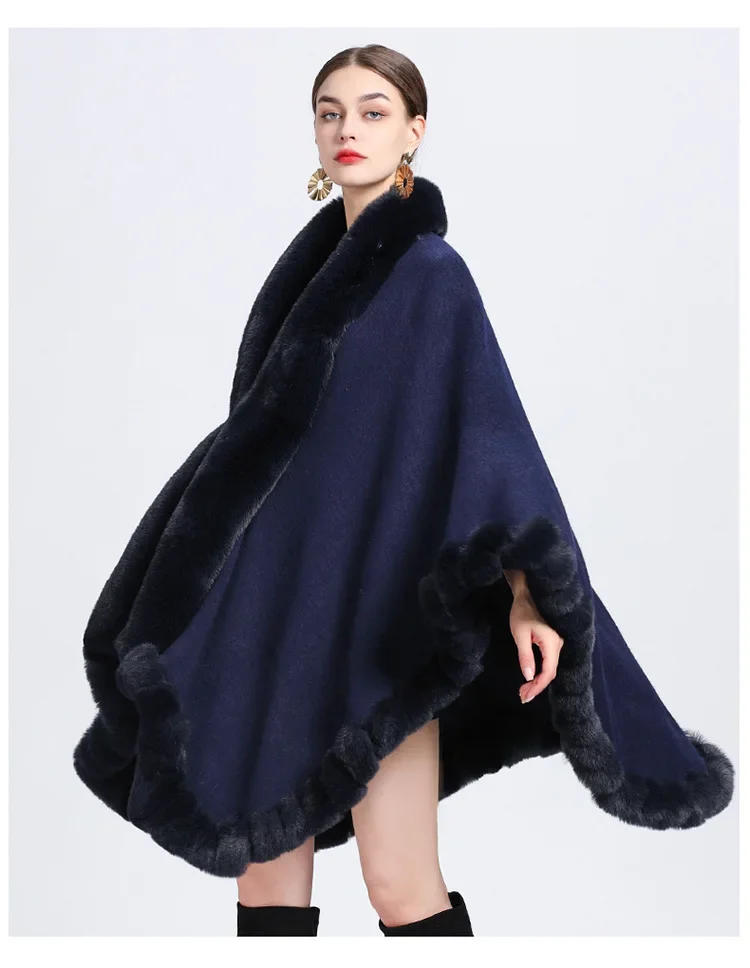 Description Picture 5 of item12 Colors Women Big Faux Rabbit Fur Neck Winter Shawl Cloak Thick Warm Long Out Streetwear Big Pendulum Poncho Capes Loose Coat
