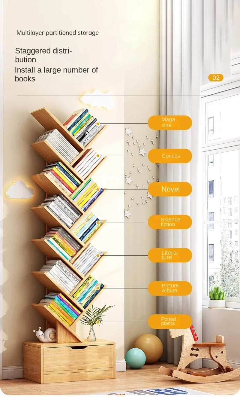 Description Picture 6 of itemOMGD Simple Tree Small Bookcase Floor Shelf Home Bookcase Living Room Storage Rack Multi-layer Creative Bedroom Narrow Cabinet