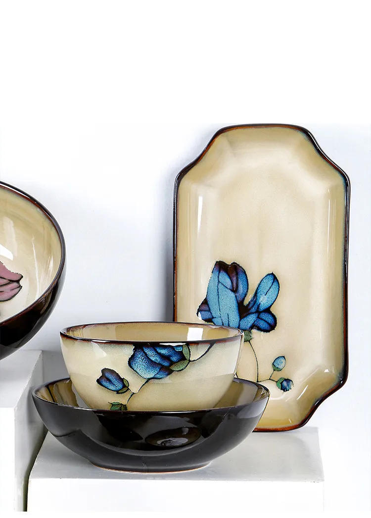 Description Picture 3 of itemJapanese Ceramic Plates Underglaze Color Round Salad Plate Household Kitchenware Ceramic Dinner Plate Kitchen Accessories