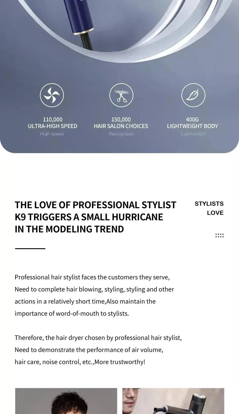 Description Picture 3 of itemProfessional Hair Dryer 110000RPM  High Speed Motor Quick Drying Negative Ions Powerful Wind Low Noise Hair Hair Machine