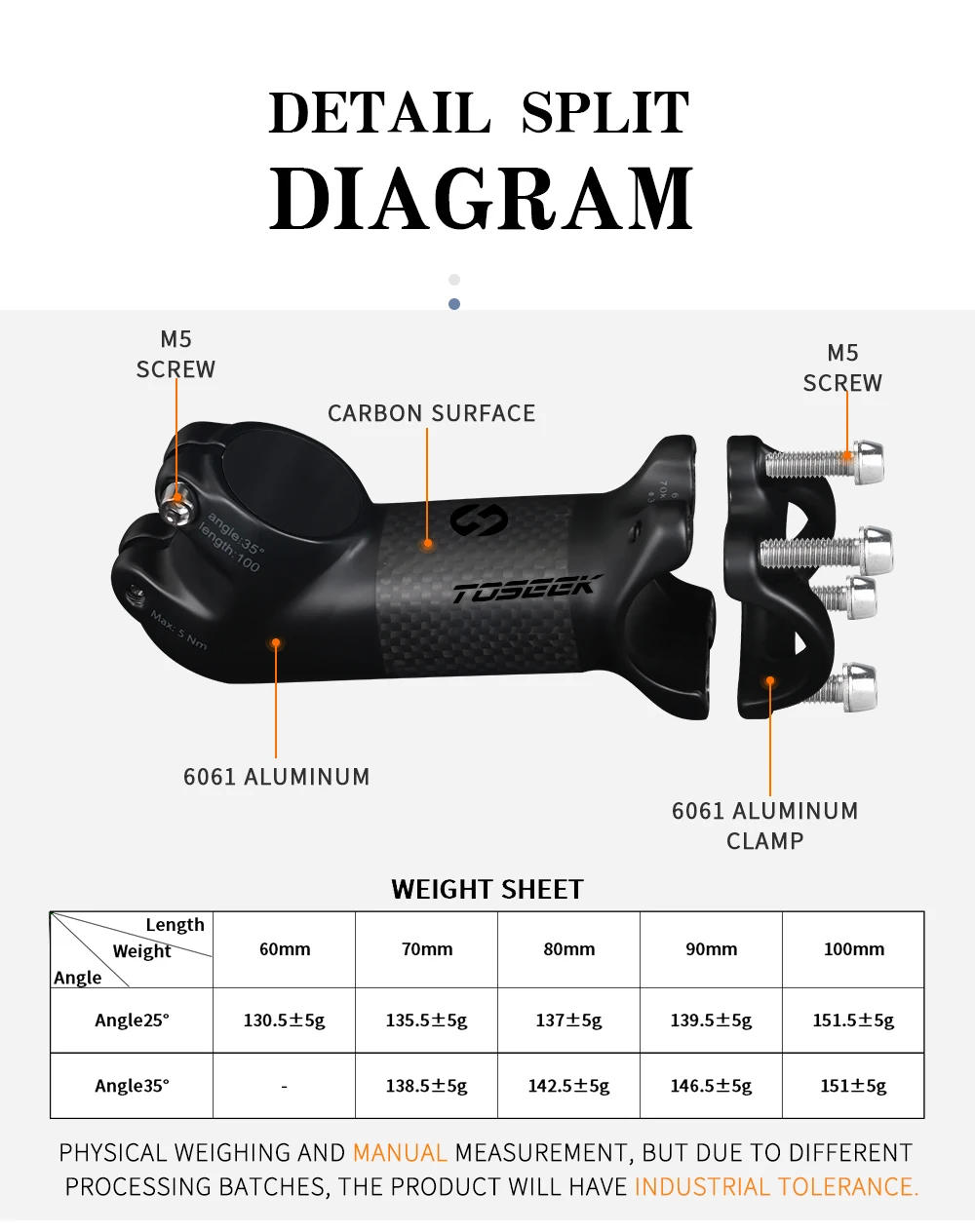 Description Picture 5 of itemToseek 31.8mm Carbon Fiber Mtb Stem 25/35 Degree Bicycle Stem Ultralight Bike Table 70/80/90/100mm Mtb Power Bicycle Accessories