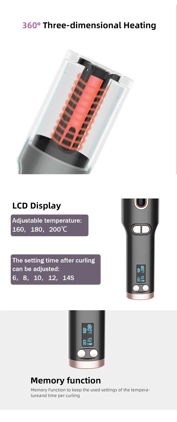 Description Picture 5 of itemHair Curling IronProfessional Wholesale USB Charging LCD Display Hair Culer Automatic Rotating Crimping Iron