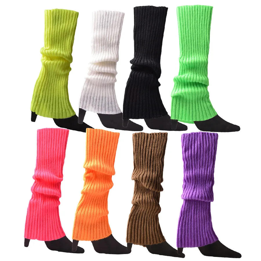 Description Picture 3 of itemWomen Halloween 80s Neon Colored Knit Leg Warmers Ribbed Bright Footless Socks Punk Black Knee High Gothic Hip-hop Rock Sock