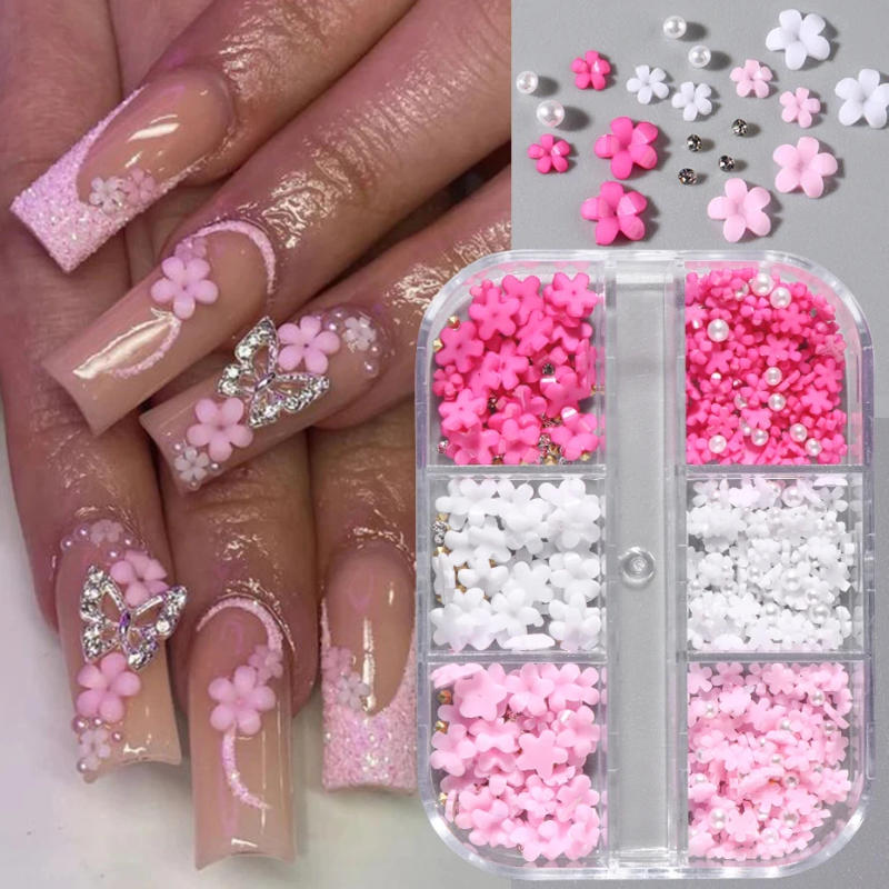 Description Picture 5 of item1 Box Kawaii Mini Bow 3D Cute Nail Art Decorations White Pearls Nails Charms Designs DIY Pink Bowknot Resin Nail Accessories