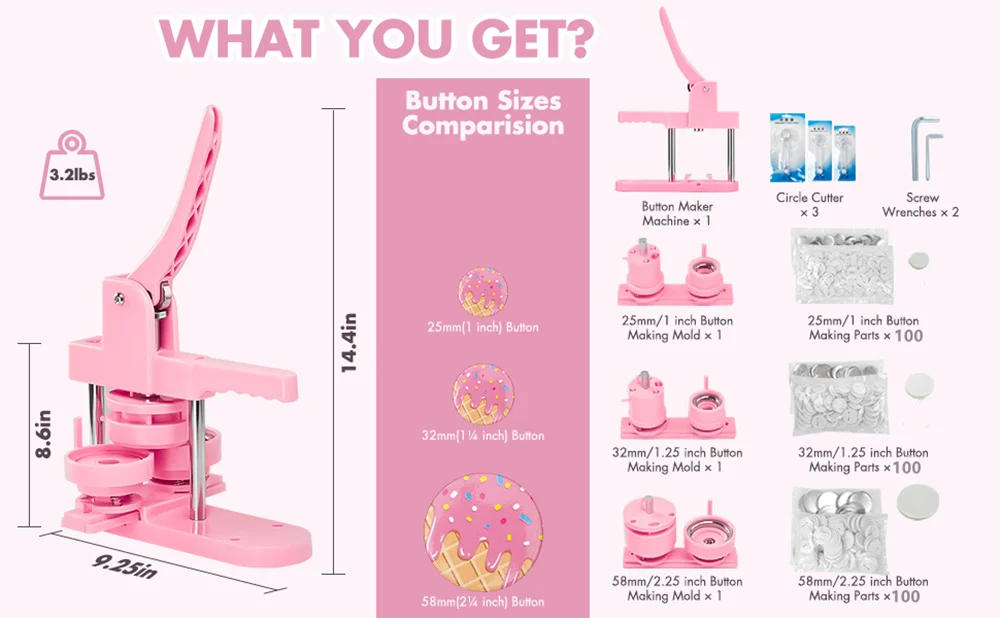 Description Picture 5 of item25+32+58MM Button Maker Machine Multiple-Size DIY Badges Set, 300 Pcs Button Parts+Circle Cutter+Mold, Badge Press Maker Machine