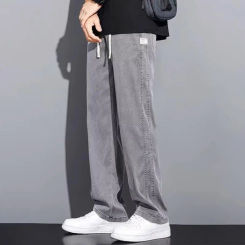 Straight Men Pants Japanese Style Wide Leg Men's Sweatpants with Side Pockets Drawstring Waist Solid Color Gym for Jogging