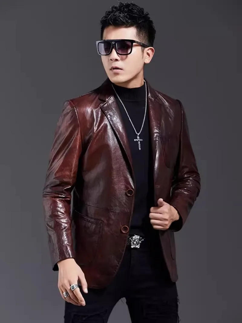 Description Picture 6 of itemVintage Oil Wax Sheepskin Suit Jacket Men Single Breasted New Designer Punk Genuine Leather Coat Business Casual Mens Outerwear