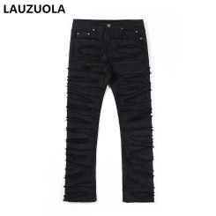 High Quality Luxury Black Jeans Man Ripped Pants