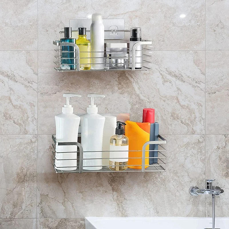 Description Picture 4 of itemABSF 2Pcs Shower Baskets Shelf Organizer For Kitchen Bathroom Organizer No Drilling Wall Mounted Stainless Steel Shelf