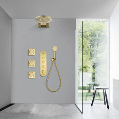 Luxury 4 functions Wall Mounted Concealed Bathroom Waterfall Shower System Set Thermostatic Rainfall Brushed Gold Shower Set