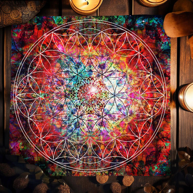 Description Picture 3 of itemRed Flower Of Life Lunar Elementals Tarot Spread Cloth,Pendulum Divination Altar Cloth, Altar Decor, Tarot Tablecloth