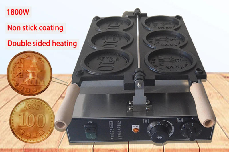 Description Picture 2 of itemXEOLEO Commerical 3PCS Coin Waffle Maker Korean Gold Coin Bread Waffle Machine 1400W Non-stick Coating Electric/Gas