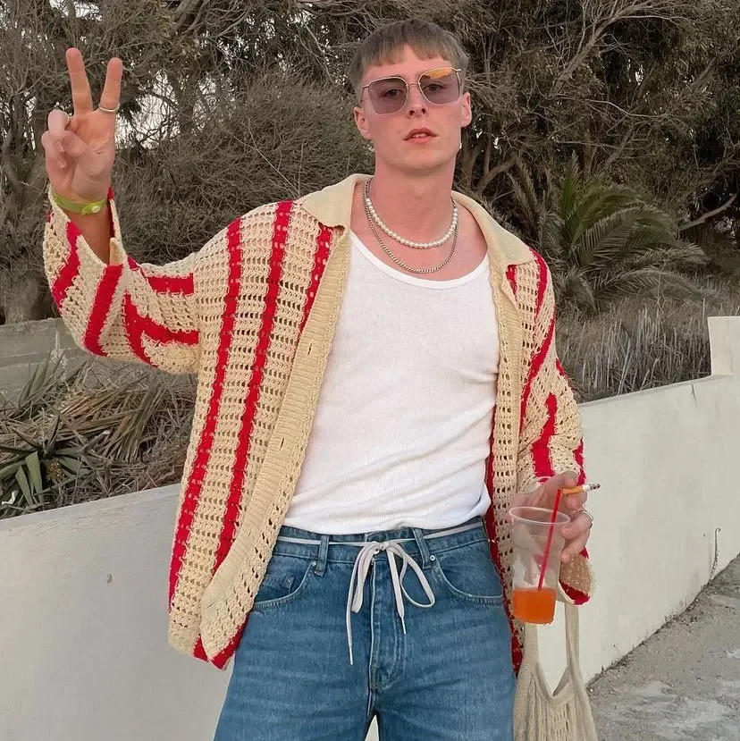 Description Picture 6 of item2024 Men's Knitted Cardigan Sweater Coat Versatile Spring Autumn Splice Contrast Streetwear Male Outerwear Coats and Jacket Tops