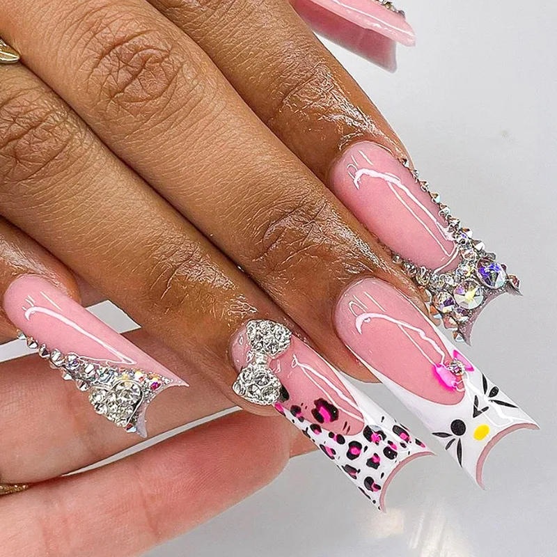 Description Picture 3 of item24pcs Long Press on Nails HelloKitty Design with Rhinestones Acyrlic False Nails Coffin White French Wearable Fake Nail Tips Art