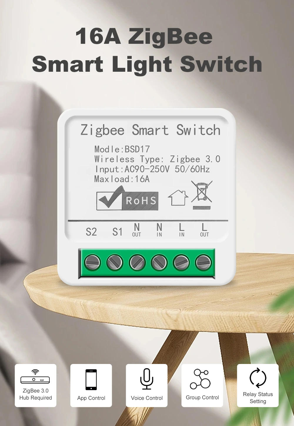 Description Picture 2 of itemTuya Smart ZigBee3.0 Light Switch Module 16A MiNi DIY Breaker Supports 2 Way Control App Remote Control for Alexa Google Home