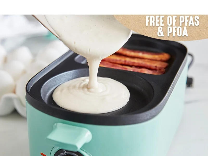 Description Picture 3 of item3-in-1 Breakfast Maker Station, Ceramic Nonstick Dual Griddles & Breakfast Sandwiches, 2 Slice Toast Drawer, Turquoise