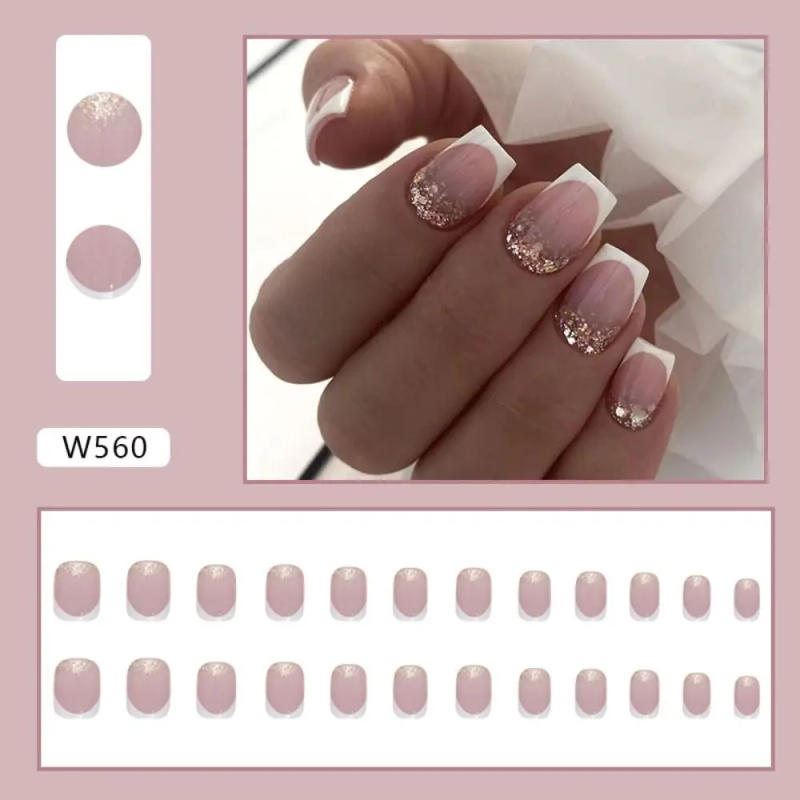 Description Picture 5 of item24pcs Short Square False Nails French Shining Crystal Glitter Ink Wavy Full Cover Detachable Nail Tips