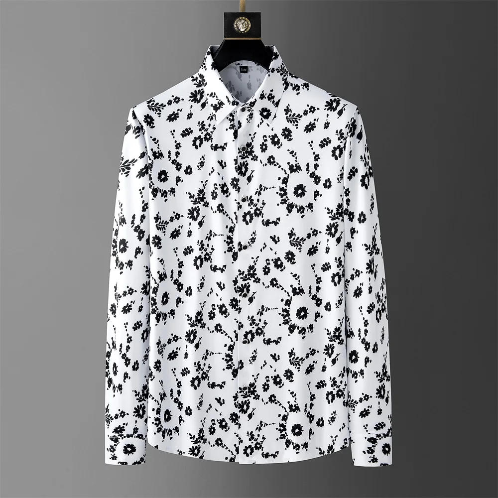 Description Picture 4 of itemBrand Flower Print Shirt Men's 2024 Spring Long Sleeved Slim Casual Business Dress Shirts Social Party Streetwear Tuxedo Blouse