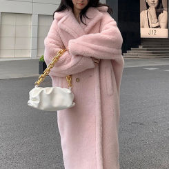 Lautaro Winter Oversized Long Pink Thick Warm Teddy Coat Women Double Breasted Loose Casual Stylish European Faux Fur Overcoat