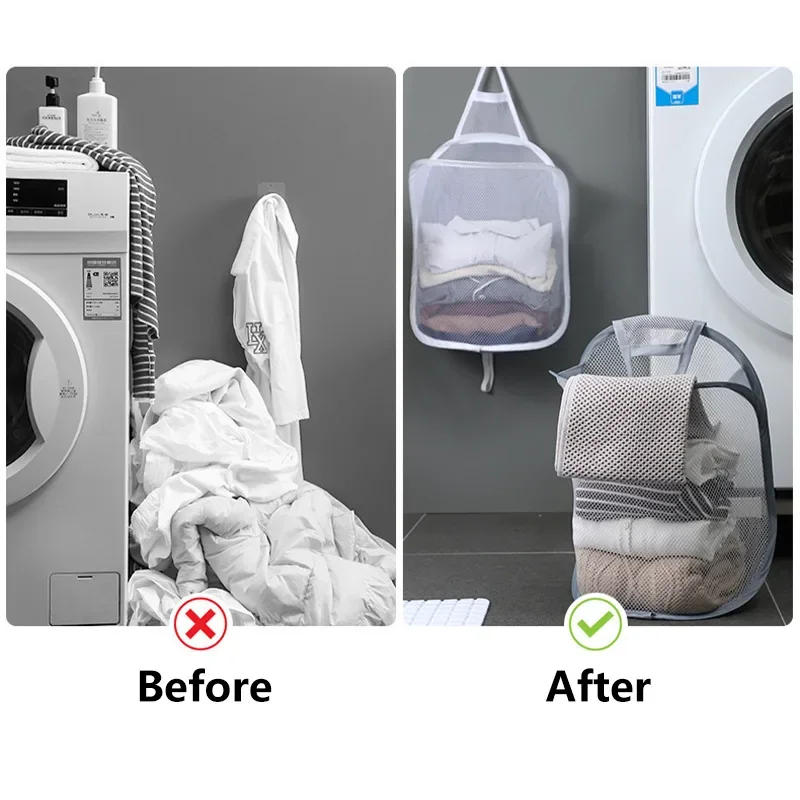 Description Picture 6 of itemDirty Clothes Storage Bag Basket Frame Bucket Foldable Mesh Laundry Bathroom Wall Mounted Dirty Clothes Organizer