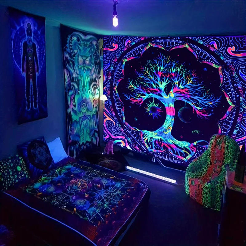 Description Picture 4 of item1Pcs 75x58cm Tree of Life Tapestry BlackLight Sun Moon Stars Galaxy Colorful Hippie Psychedelic Bedroom Dorm Decor Aesthetic