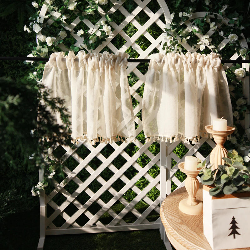 Description Picture 5 of itemVintage Linen Window Drapes Tassels Sheer Cream Beige Tier Curtains Cafe Kitchen Net Short Curtains Panels Rod Pocket Valance