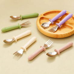 New Toddler Utensils Toddler Feeding Spoon And Fork Set Stainless Steel Solid Color Handle Utensil Training Spoon Baby Stuff