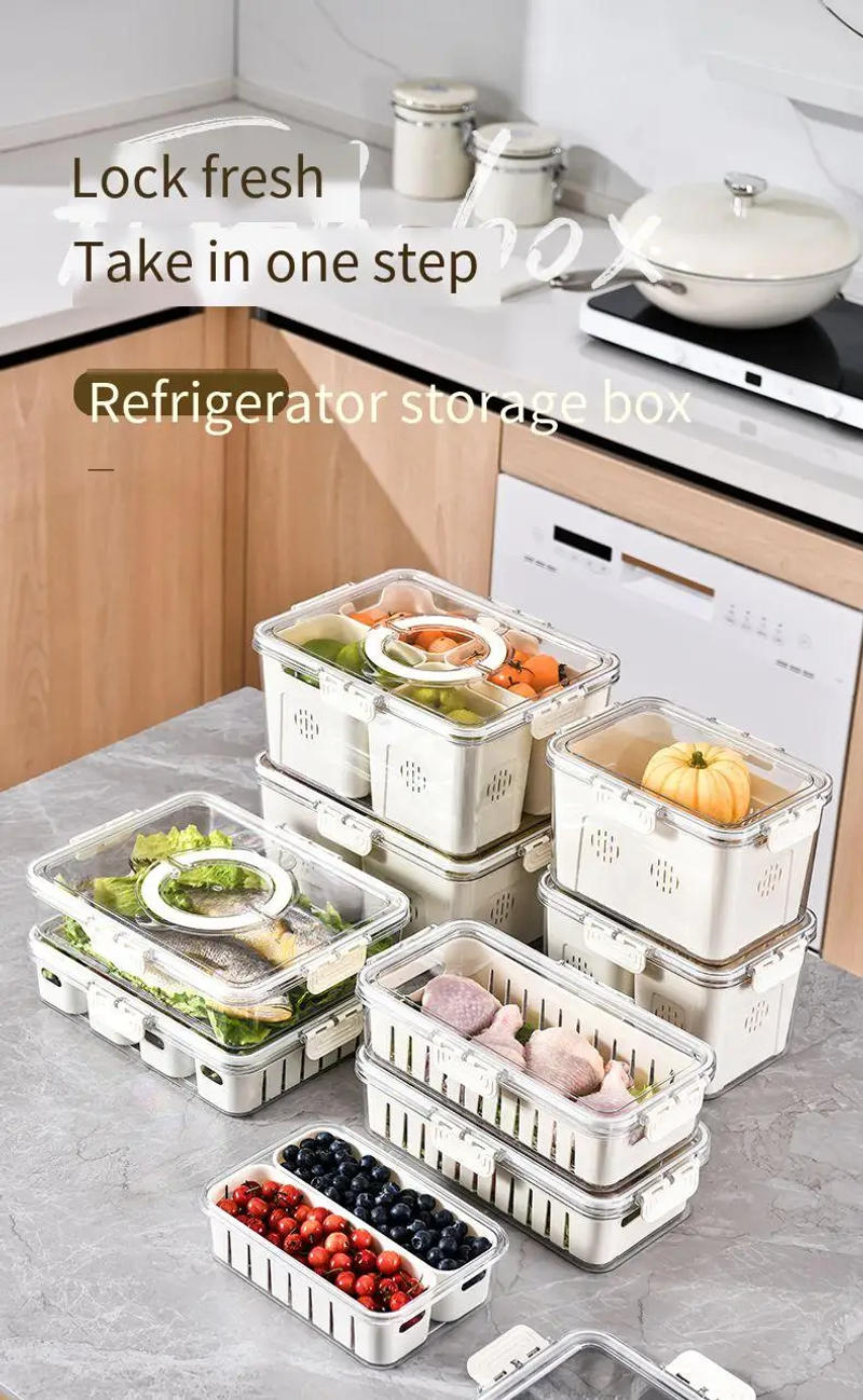 Description Picture 2 of itemKitchen Drain Box, Interval Preservation Box, Refrigerator Storage Basket With Handle Storage Box, Made Of PET Material, White