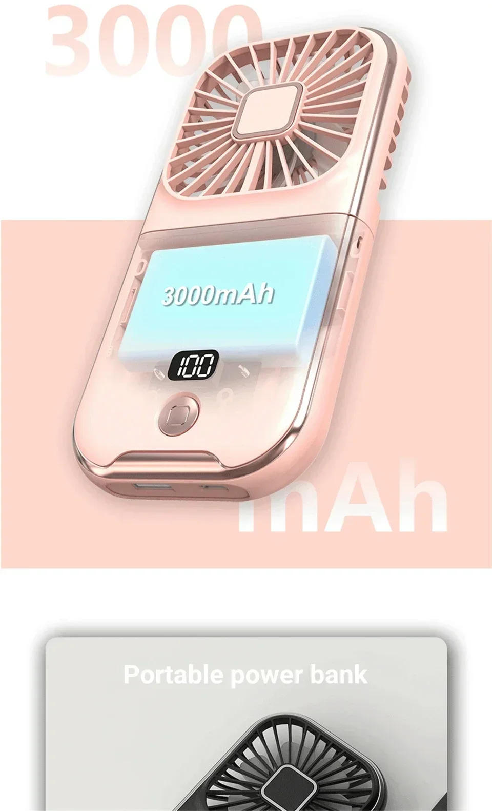 Description Picture 5 of item3000mAh Battery Powered Mini Portable Outdoor Handheld Fan Neck Fan USB Rechargeable 180° Folding Wireless Desktop Air Cooling