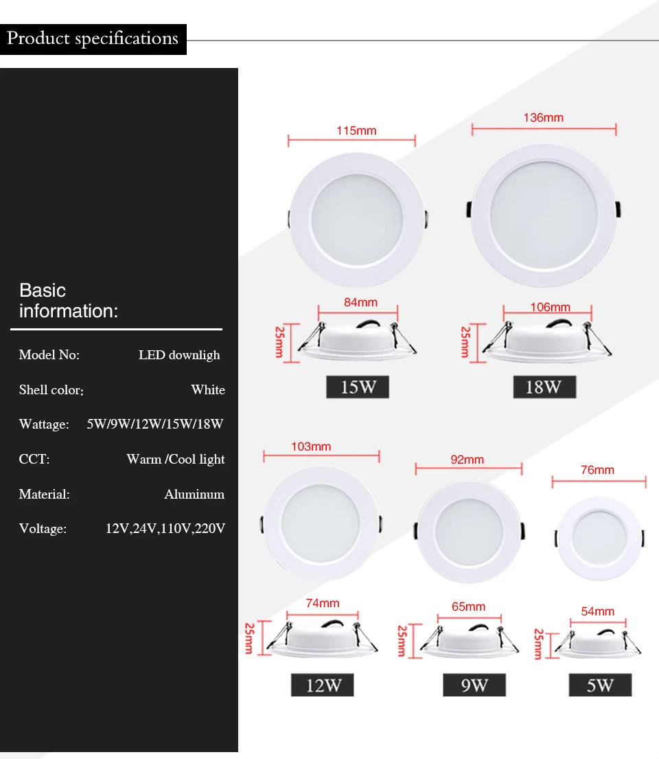Description Picture 3 of itemLED Downlight AC110V 220V 5W 9W 12W 15W 18W Led Spot Light DC12V 24V Waterproof LED Decoration Ceiling Lamp Indoor Panel Light
