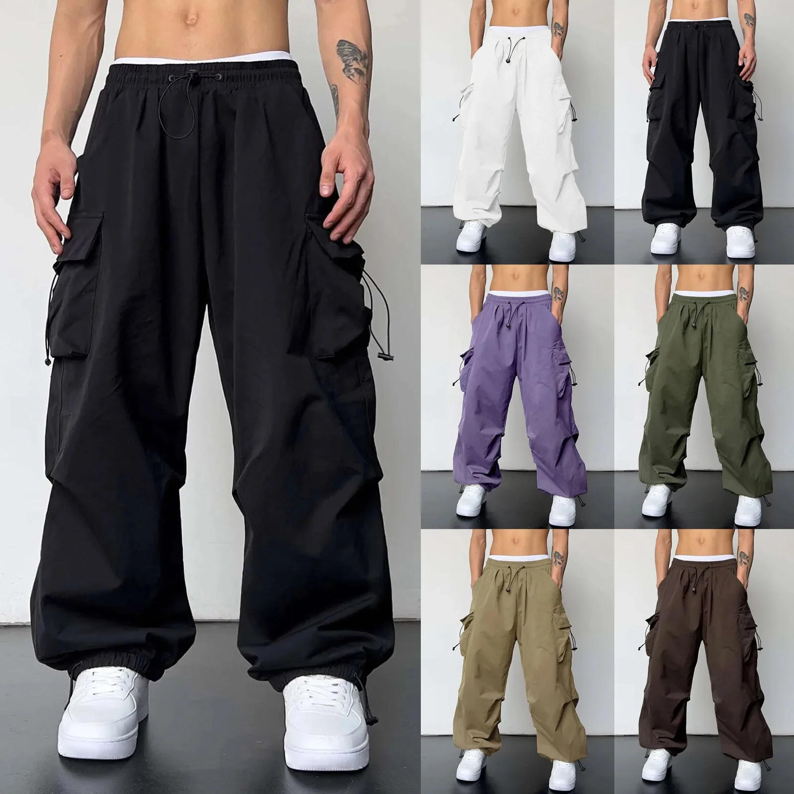 Description Picture 2 of itemMens Cargo Pants Casual Bottoms Solid Color Trousers Sports Pocket Joggers Foot Rope Pants streetwear Tie Hip-Pop pantalones