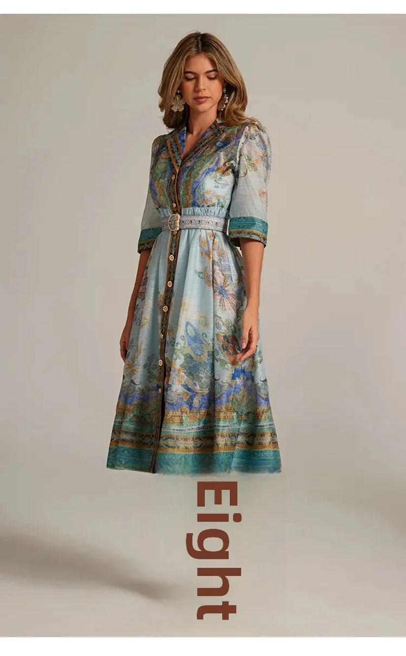 Description Picture 6 of itemFrench Style Long Printed Dress with Single Button Jacket Neck Design Women's Belted Gown Maxi Skirt One Piece Outfit