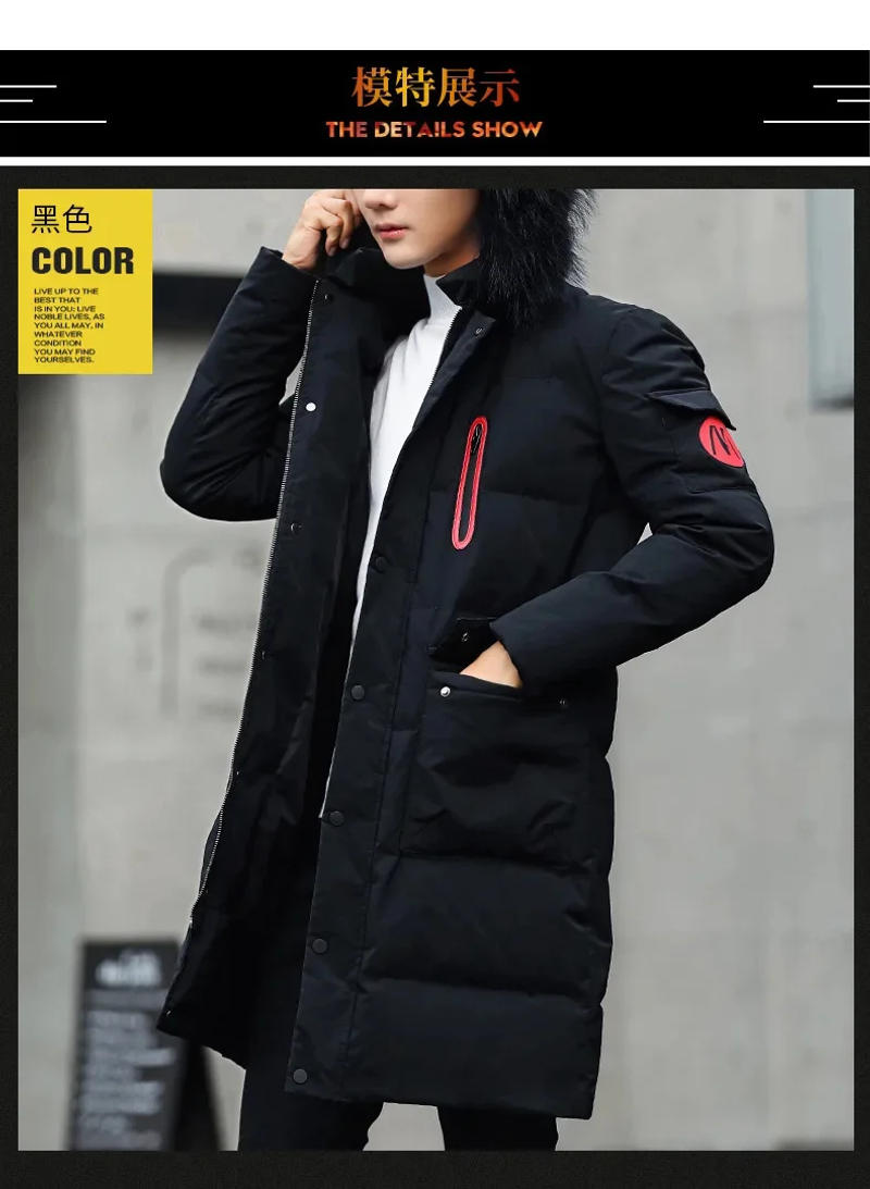 Description Picture 3 of itemWinter Thick Warm Parka Men Hooded Jacket Mid-length Cotton Padded Windproof Fur Collar Long Sleeve Slim Coat Windbreaker