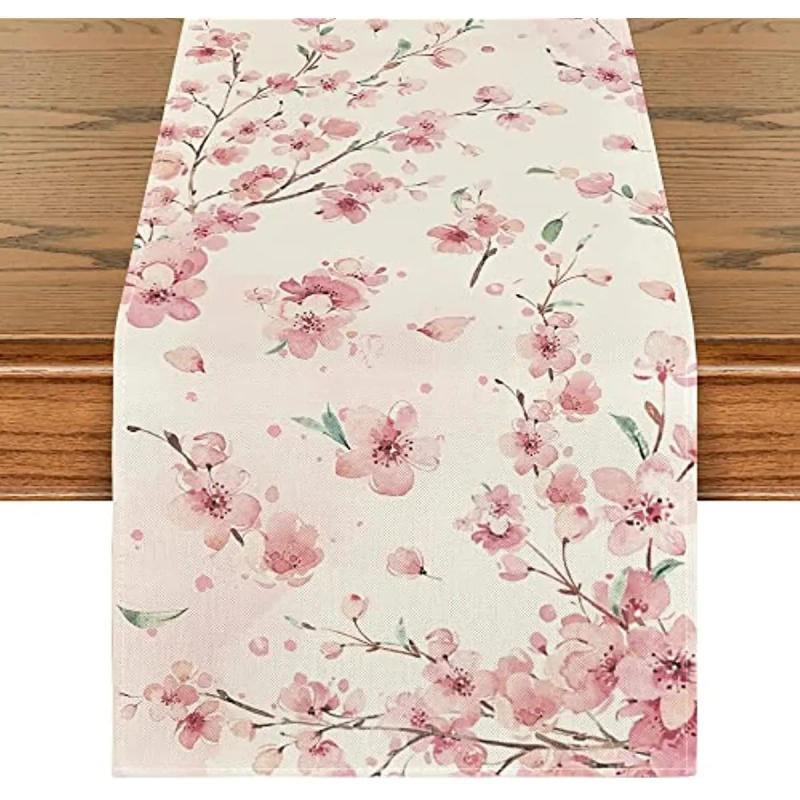 Description Picture 2 of itemSpring Sakura Cherry Blossoms Branches Linen Table Runner Summer Kitchen Dining Table Decor Outdoor Picnic Wedding Party Decor